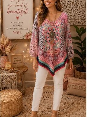 HeartSoul Pink Multi-Print V-Neck Handkerchief Hem Tunic